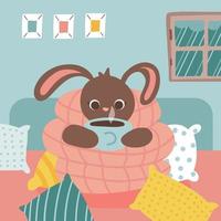 Cute rabbit wrapped in a blanket. Cozy bunny home bedroom interior. Animal cartoon character is frozen. Winter concept. Cold weater Image for card. Kid graphic. Vector flat hand drawn illustration.