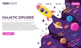 galactic explorer with rocket and planet suitable for landing page illustration vector