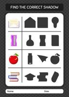 Find the correct shadows game with summer icon. worksheet for preschool kids, kids activity sheet vector