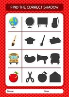 Find the correct shadows game with summer icon. worksheet for preschool kids, kids activity sheet vector