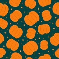 Seamless pattern of pumpkins on emerald color background. Background for autumn decorative design vector