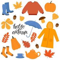 Autumn icons set. Raincoat, sweater, falling leaves, umbrella, pumpkins, teapot, cup of tea.. Fall season elements. Isolated vector illustration