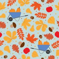 Autumn seamless pattern with falling leaves, pumpkins on wheelbarrow, mushrooms, apples and pears. vector