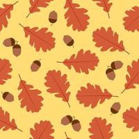 Autumn oak leaves and acorns on yellow background seamless pattern. Flat illustration. Background for fabric, wallpaper and wrapping paper. vector