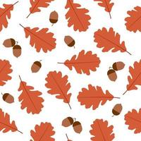 Autumn oak leaves and acorns on white background seamless pattern. Flat illustration. Background for fabric, wallpaper and wrapping paper. vector