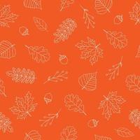 Seamless pattern of white autumn leaves on orange background. Line art design. Doodle style. Background for nature, eco and autumn design. vector