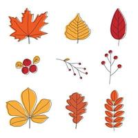 Set of colorful autumn leaves. Line art design. Doodle style. Isolated vector illustration