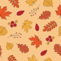 Seamless pattern of autumn leaves on light pink background. Line art colorful leaves. Doodle style. Background for nature, eco and autumn design vector