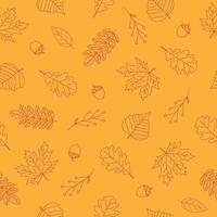 Seamless pattern of red autumn leaves on yellow background. Line art design. Doodle style. Background for nature, eco and autumn design vector