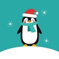 A baby penguin in a festive red hat and scarf stands on a snowy edge vector