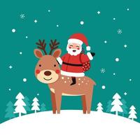 Cute card with Santa riding a deer in a snowy winter forest vector