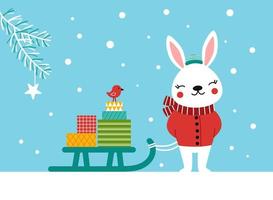 A cute little bunny carries a sled with gifts through a snowy forest vector