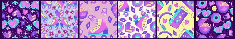 90s seamless pattern set with gum, rollers and headphones. Creative modern seamless pattern. Bright neon color 1990. Set cool background. vector