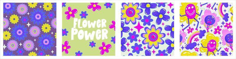 Daisy flower power poster set for print design. Abstract trippy psychedelic pattern. Flower power. Funny vector illustration. Retro 1990 poster for tshirt design.