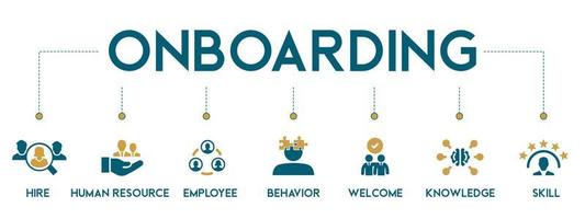 Onboarding banner web icon vector illustration concept for human resources business industry to introduce newly hired employee into an organization with behavior welcome knowledge and skills icon