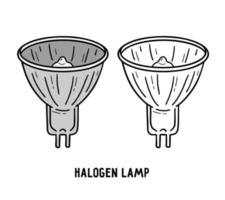 Halogen tungsten lamp, incandescent light bulb icon in linear doodle style vector