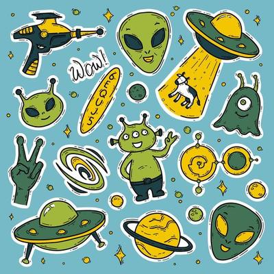 Aliens, unidentified flying object UFO vector doodle stickers set