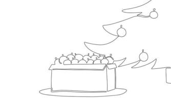 Christmas eve tree with Christmas ball on tree and in box. Hand draw line art, outline, one line. Vector illustration.