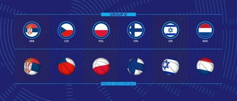 Icon and basketball ball with flags of participants of Group D, European Basketball Competition. vector