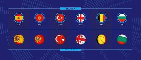 icono y pelota de baloncesto con banderas de los participantes del grupo a, competición europea de baloncesto. vector