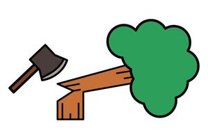 Tree deforestation filled icon with axe symbol of devastation and destroyed of forest can be used for presentation, ui, web etc. vector illustration.