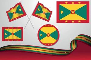 Set Of Grenada Flags In Different Designs, Icon, Flaying Flags And ribbon With Background. vector