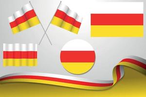 Set Of South Ossetia Flags In Different Designs, Icon, Flaying Flags And ribbon With Background. vector