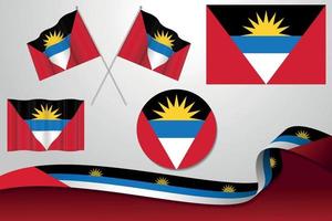 conjunto de banderas de antigua y barbuda en diferentes diseños, icono, banderas desolladas y cinta con fondo. vector