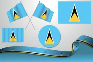 Set Of Saint Lucia Flags In Different Designs, Icon, Flaying Flags And ribbon With Background. vector