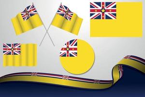 Set Of Niue Flags In Different Designs, Icon, Flaying Flags And ribbon With Background. vector