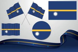 Set Of Nauru Flags In Different Designs, Icon, Flaying Flags And ribbon With Background. vector