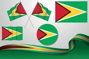 conjunto de banderas de guyana en diferentes diseños, icono, banderas desolladas y cinta con fondo. vector