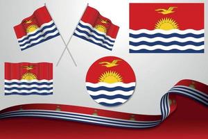 conjunto de banderas de kiribati en diferentes diseños, icono, banderas desolladas y cinta con fondo. vector