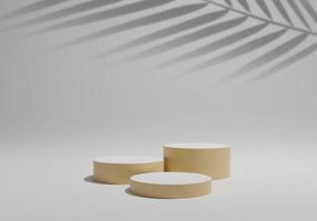 conjunto de podio de pedestal de cilindro pastel realista 3d abstracto y superposición de sombra de hoja de palma. escenario para escaparate. escena mínima para la presentación de productos. ilustración de representación 3d. foto