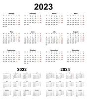 Basic calendar for year 2023 and 2022, 2024. Week starts on Monday. vector