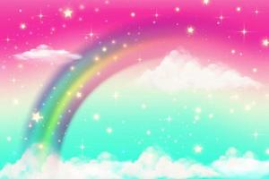 Rainbow background with clouds and sprinkles in watercolor style on pink background. Fantasy pastel color. Realistic vector cartoon illustration.