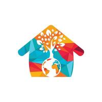 Globe tree with home vector logo design template. Planet and eco symbol or icon.