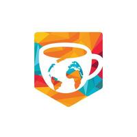 Creative Coffee cup with globe map vector logo design template.