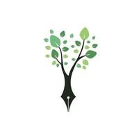 Tree pen vector logo design template. Writer and nature logo concept.