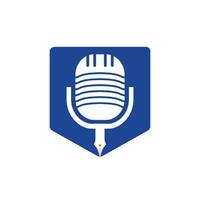Pen microphone conference podcast radio logo design. Education podcast vector logo design.
