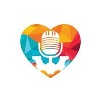 Gear podcast vector logo design template. Cog wheel and mic with heart icon design.