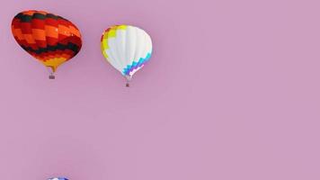 balão de ar quente animado voando pelas nuvens em um fundo rosa video