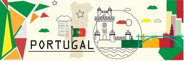 Portugal national day banner design Portuguese flag and map theme with Lisbon landmarks background. vector