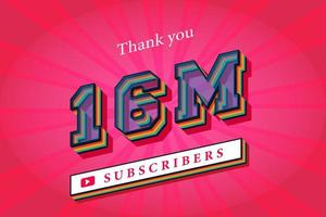 16m subscribers celebration thank you social media banner. 16 million subscribers 3d rendering vector