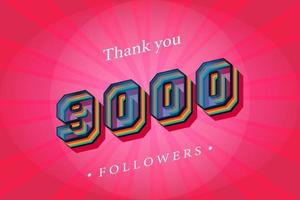 gracias 9000 seguidores sociales y suscriptores con números de moda efecto de texto retro 3d render vector