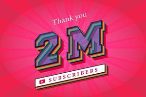 2m subscribers celebration thank you social media banner. 2 million subscribers 3d rendering vector