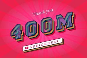 Celebración de 400 millones de suscriptores gracias banner de redes sociales. 400 millones de suscriptores renderizado 3d vector