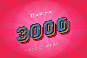 gracias 3000 seguidores sociales y suscriptores con números de moda efecto de texto retro 3d render vector