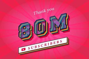 80m subscribers celebration thank you social media banner. 80 million subscribers 3d rendering vector