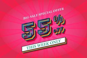 55 percent off big sale banner template flash sale discount promotion text effect, 3d sale symbol vector